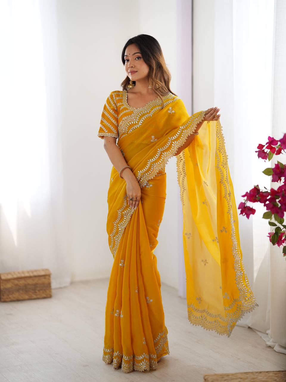 Teeya Creation yellow Color Jimichhu Silk Embroidery Work Saree | Grocsy
