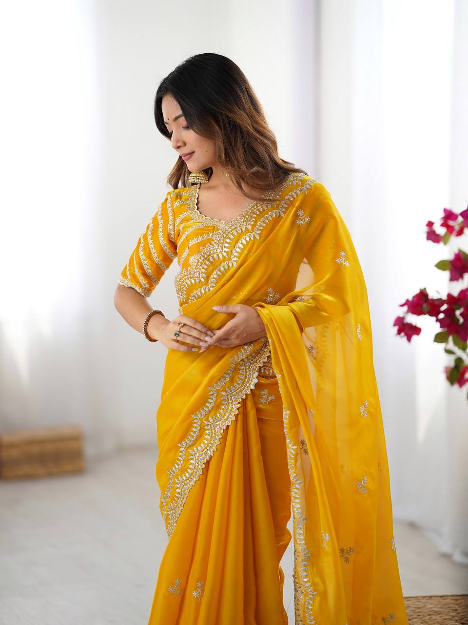 Teeya Creation yellow Color Jimichhu Silk Embroidery Work Saree | Grocsy