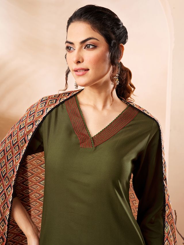 Janasya Olive Straight Rayon Slub Kurta,Bottom & Dupatta | Grocsy