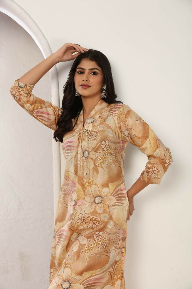 Jyoti Fashion Women's Beige Chanderi Silk Floral Print with Side Pocket Kurtis & Sets | Grocsy