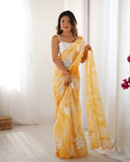 Yellow Jimmy Choo Printed, Sequence Embroidery Work Saree - Saima | Grocsy