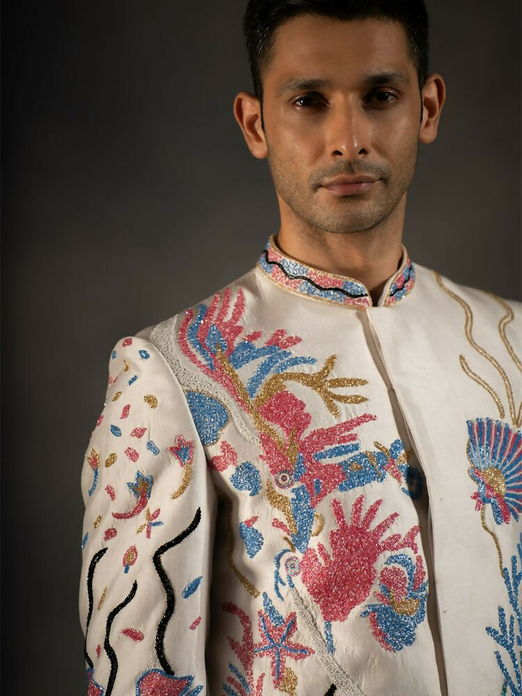 Off White Aqua Hand Embroideried Indowestern Sherwani by Hilo Design | Grocsy
