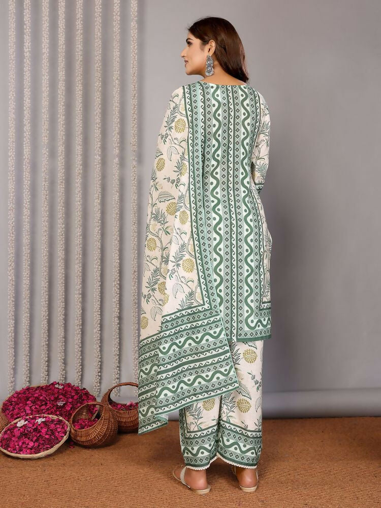 Joban Fashion Women Off White & Forest Green Linen Printed Stitched Kurta Set | Grocsy