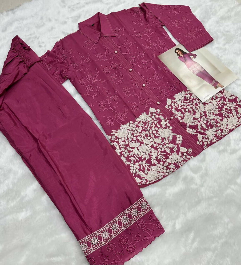 Anaita Magenta Chinon Silk Readymade Co-ords Set with Embroidery Work | Grocsy