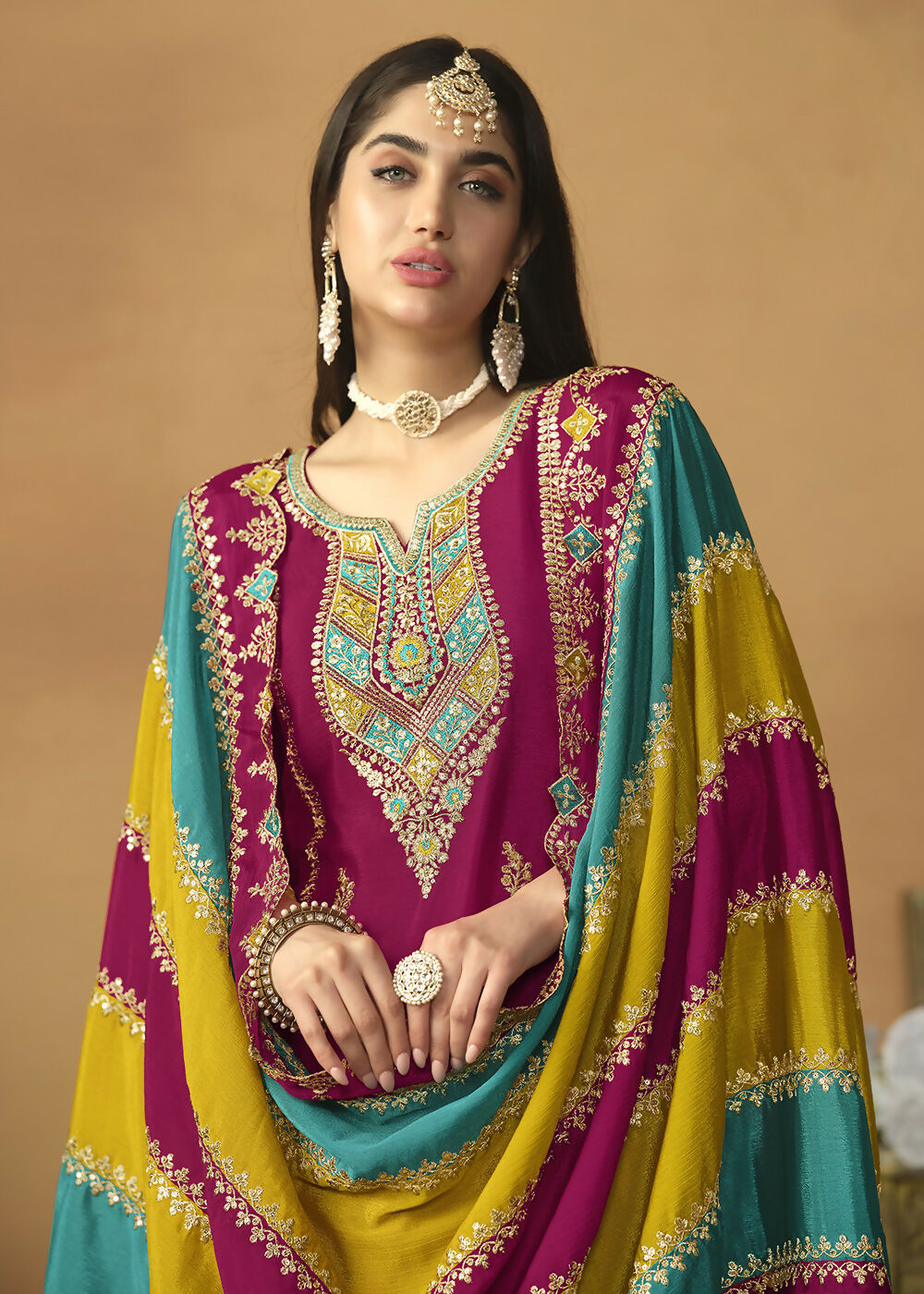 Chinnon Silk Pink Salwar Suit with Multicolor Dupatta - Emponline | Grocsy