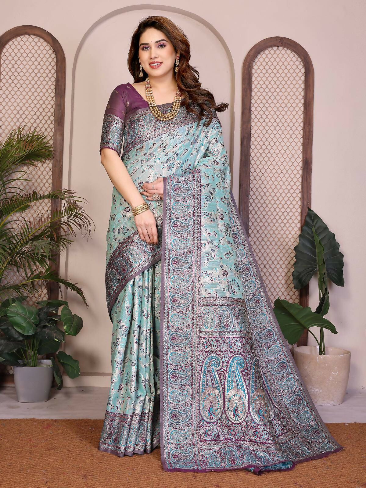 Teeya Creation New Latest Trendy Wedding Wear Pashmina Silk Saree-Blue | Grocsy