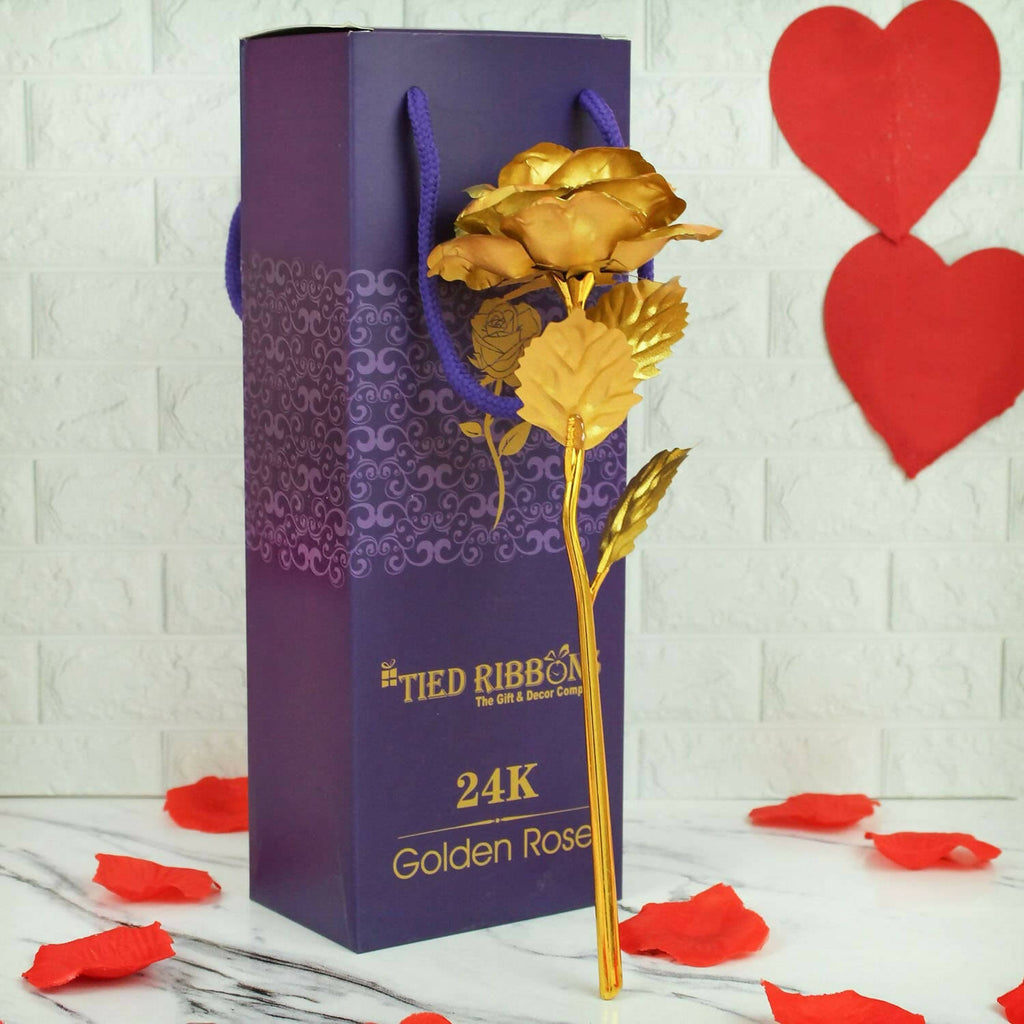 Tied Ribbons Gold-Polished Artificial Rose Flower With Box - Valentine's Day Gifts | Grocsy