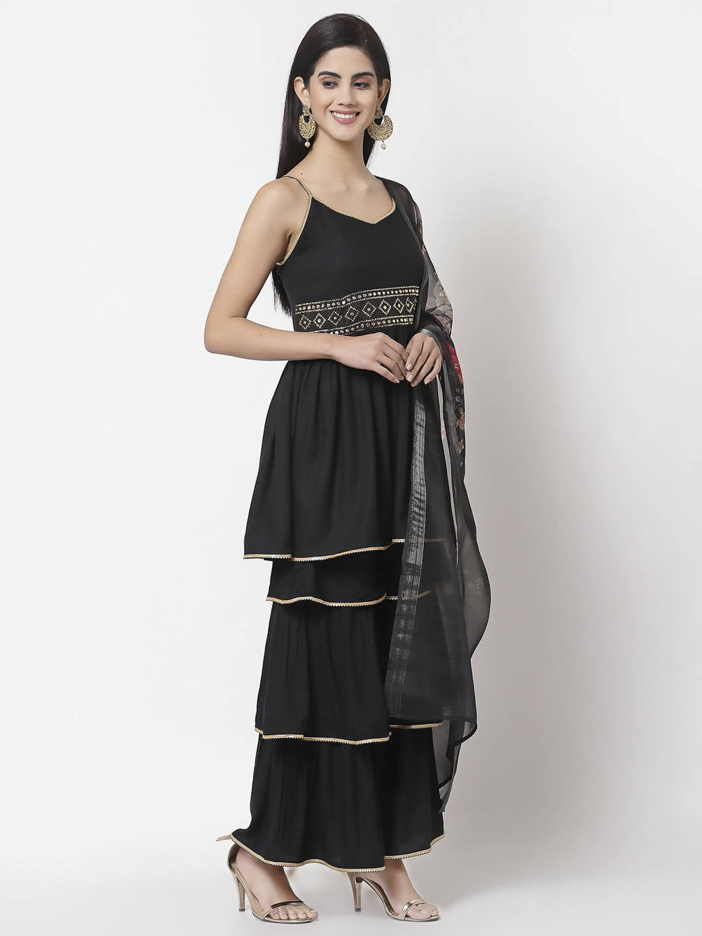 Myshka Women Black Rayon Solid Sleeveless Round Neck Kurta With Sharara & Dupatta Set | Grocsy