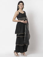 Myshka Women Black Rayon Solid Sleeveless Round Neck Kurta With Sharara & Dupatta Set | Grocsy