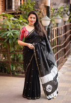 Black Chanderi Cotton Block Print Saree with Unstitched Blouse - Hiral Fashion | Grocsy