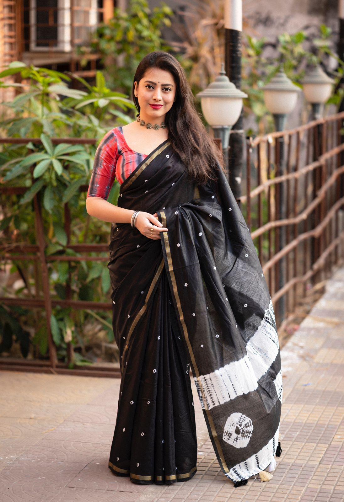 Black Chanderi Cotton Block Print Saree with Unstitched Blouse - Hiral Fashion | Grocsy
