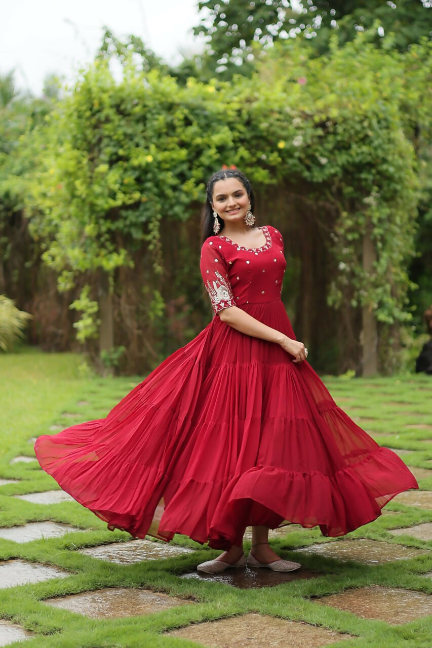 Vastranavya Premium Designer Faux Blooming with Embroidery Zari Sequins work Gown - Red | Grocsy