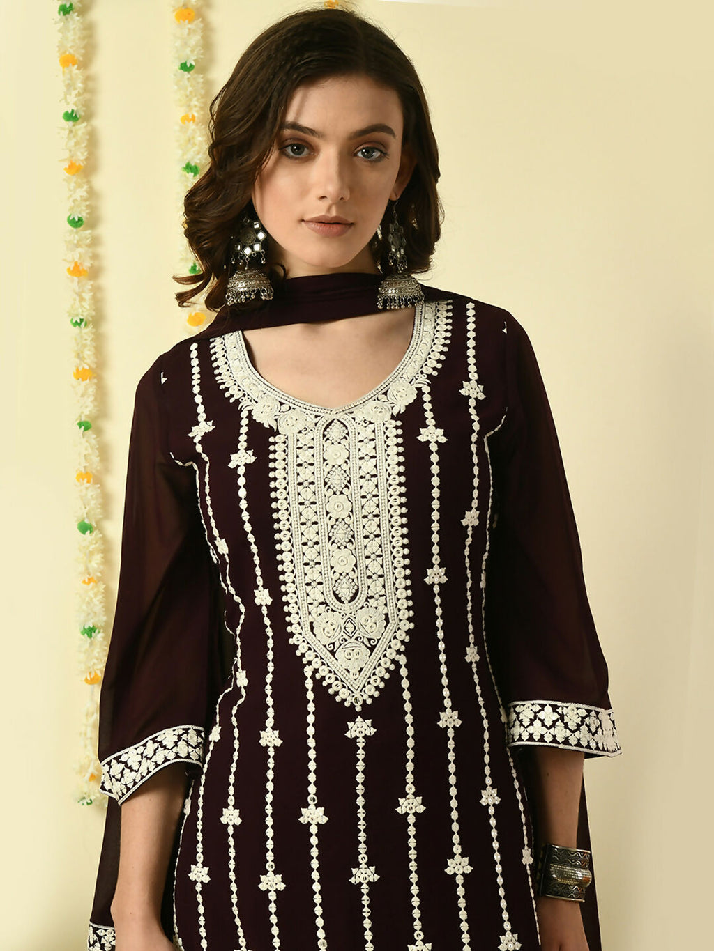 Myshka Women's Coffee Brown Georgette Kurta & Palazzos With Dupatta Party Sets | Grocsy
