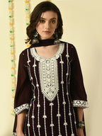 Myshka Women's Coffee Brown Georgette Kurta & Palazzos With Dupatta Party Sets | Grocsy