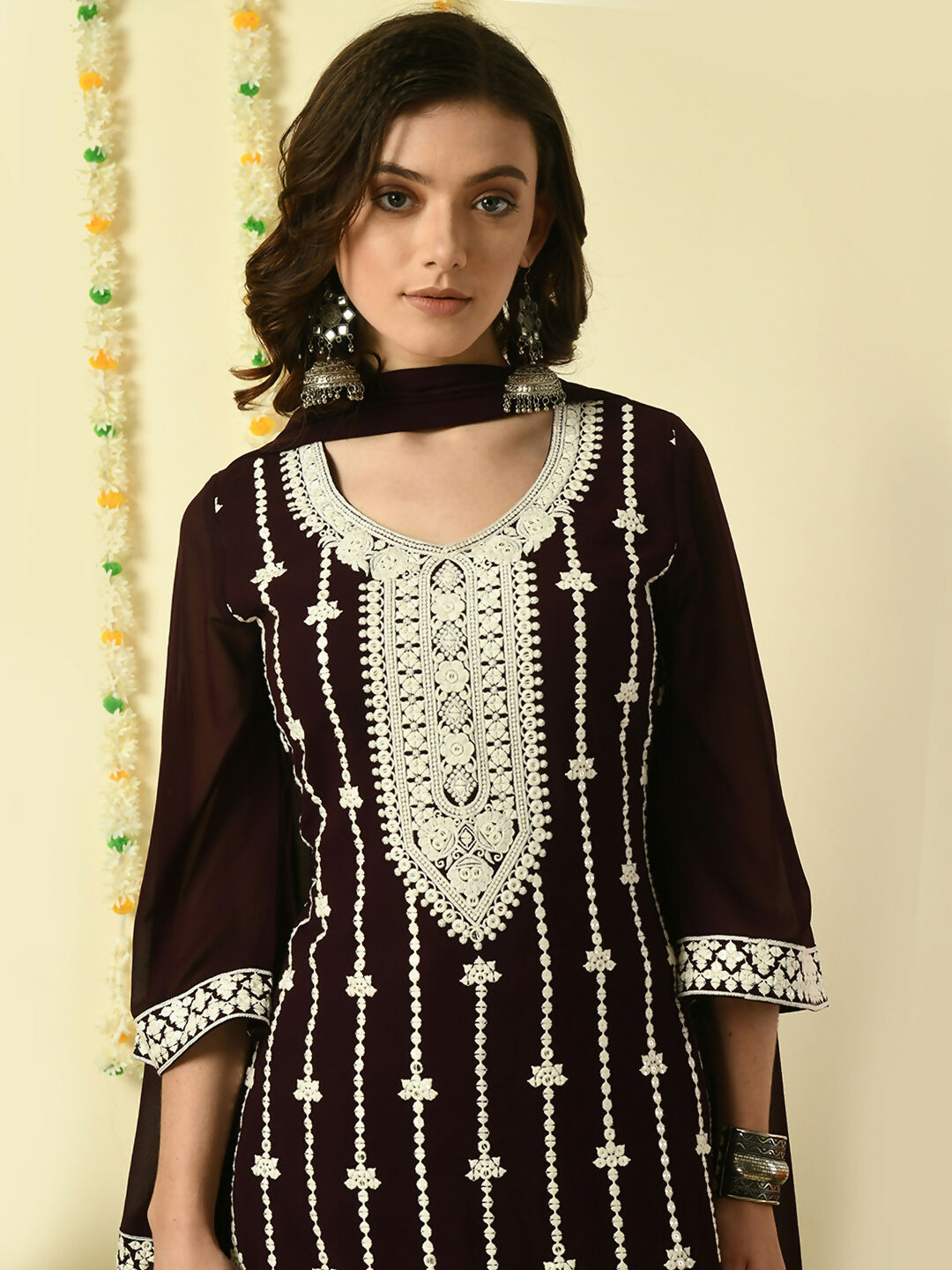 Myshka Women's Coffee Brown Georgette Kurta & Palazzos With Dupatta Party Sets | Grocsy