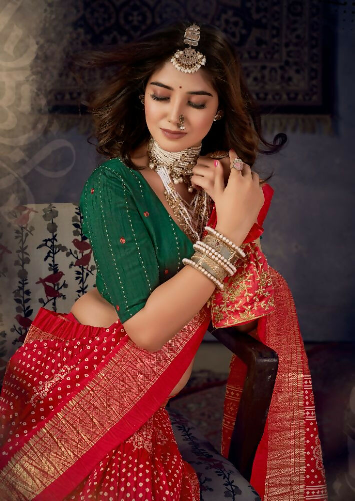 Joban Fashion Green Dola Silk Foil Print Zari Border Work Saree | Grocsy