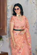 Vastranavya Soft Crush Georgette With Embroidery and Foil Multi Thread Work Saree - Peach | Grocsy