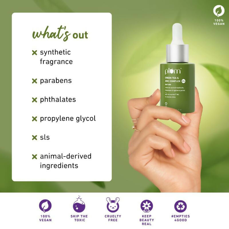 Plum Green Tea & 3% Zinc Complex Face Serum with Acnacidol BG - Fights Acne, Pimples & Controls Oil | Grocsy
