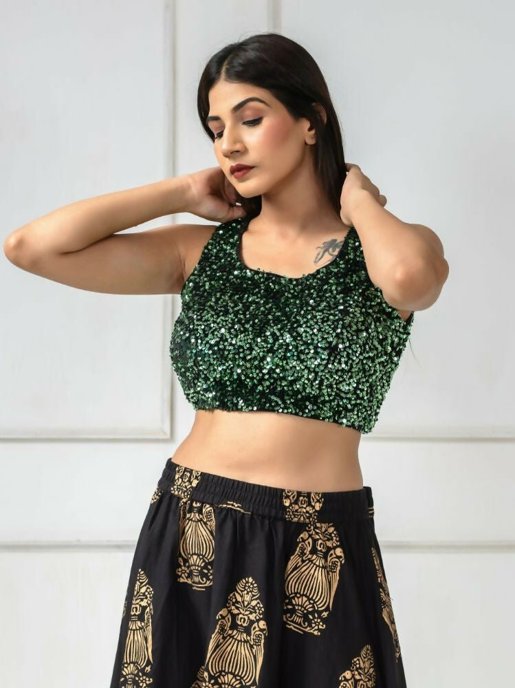 Amodini Designer Studio Women's Velvet Green Sleeveless Blouse | Grocsy