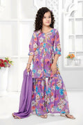 Kids Functional Designer Lavender Digital Flower Print On Georgette Shrara Suit - Aaradhna | Grocsy