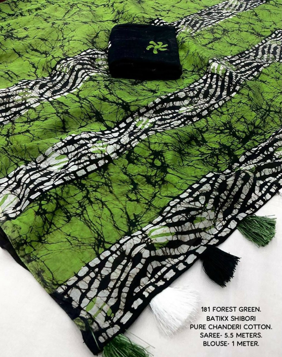 Arfa Fashion House Green Combination Pure Chanderi Cotton Batik Printed Saree | Grocsy