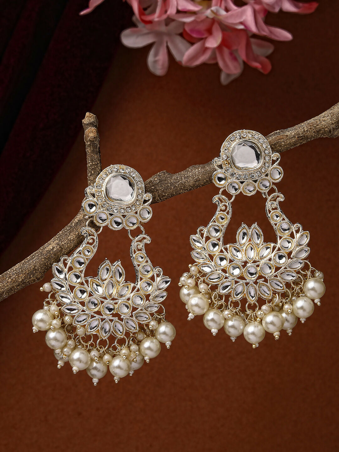 NVR Women Gold-Polished Kundan Chandbali Earrings | Grocsy
