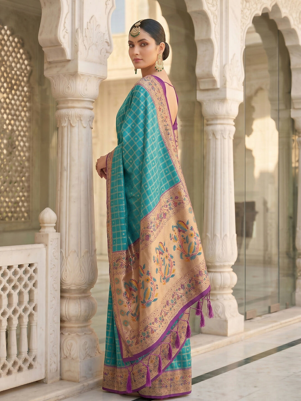 Shree Shyam Fashion Turquoise Banarasi Silk Blend Saree | Grocsy