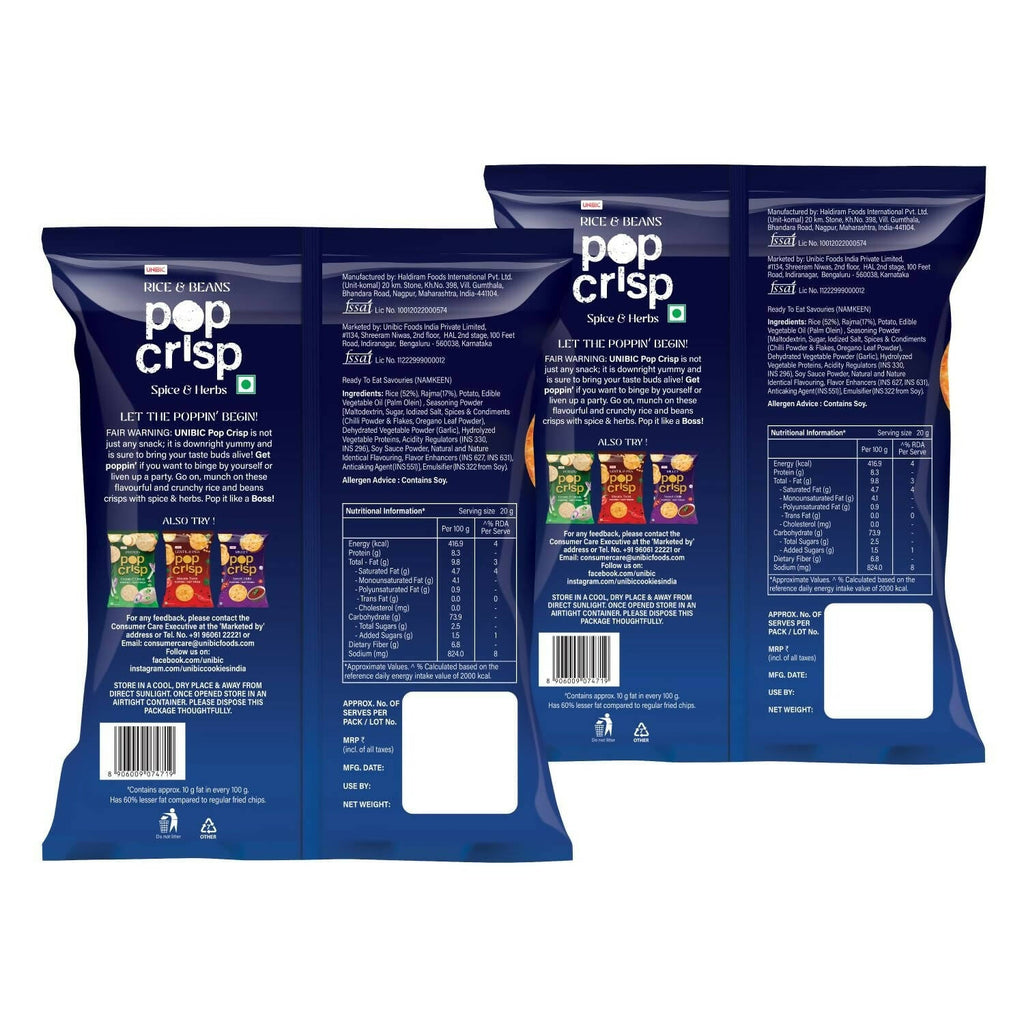 Unibic Pop Crisp Rice And Beans Popped Chips