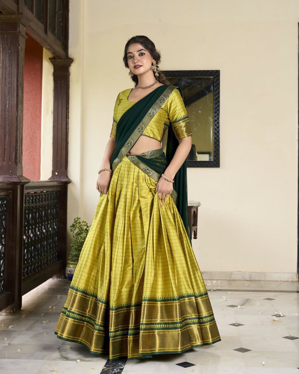 Lorenvalley Parrotgreen Cotton Silk Weaving Work With Paithani Concept Lehenga Choli | Grocsy