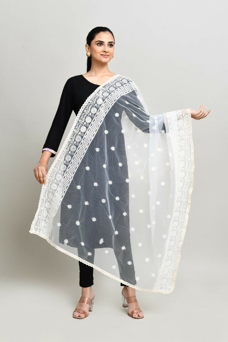 Joban Fashion White Cotton Embroidery Work Pakistani Karanchi Dupatta | Grocsy