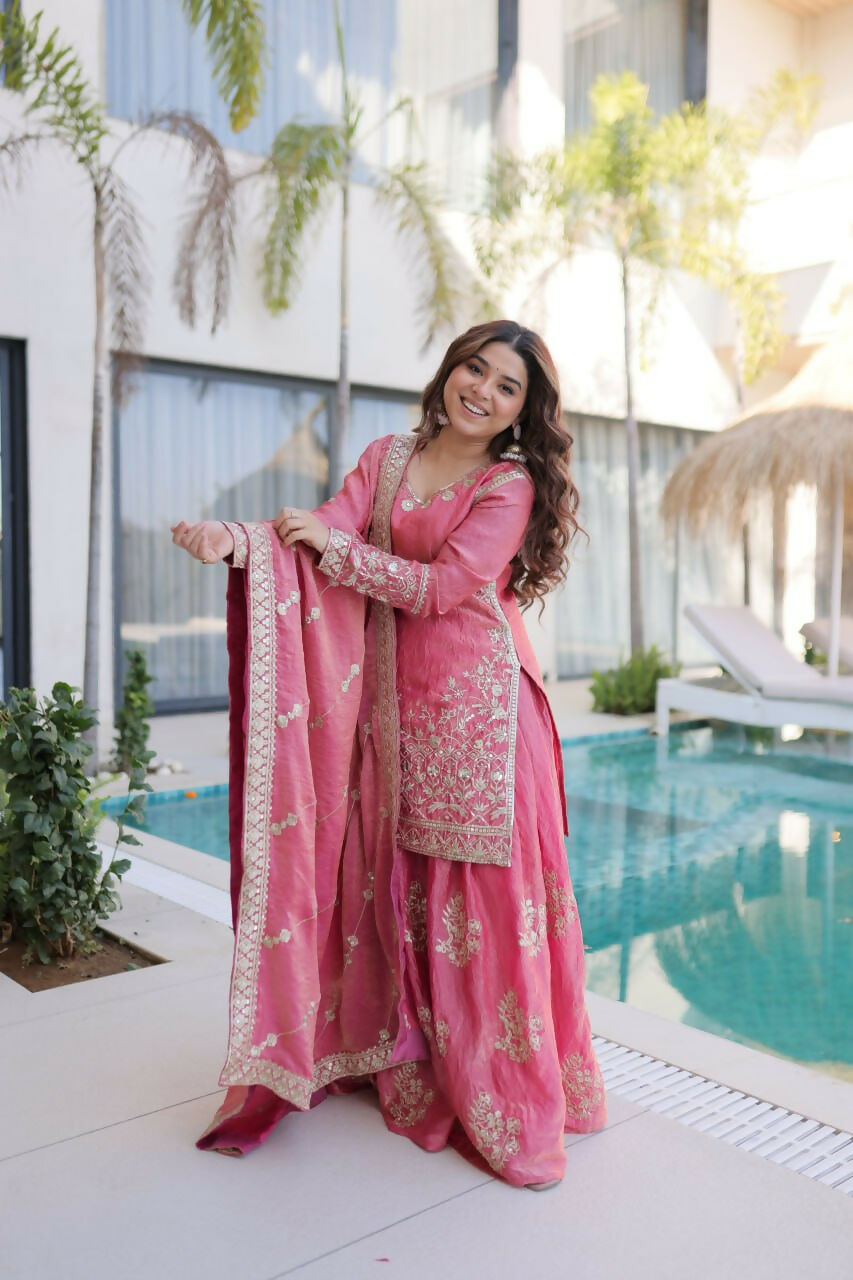 Teeya Creation Womens New Pink Color Fendi Crush With Zari & Sequins Embroidered Work | Grocsy