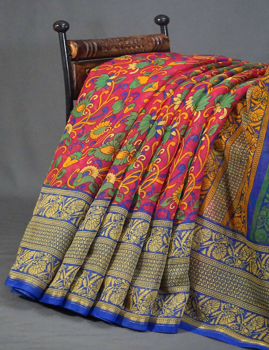 Shades Of Rani Pink Kalamkaari Design Semi Chanderi Saree With Contrast Blouse By Gayathri Reddy Designer Studio | Grocsy