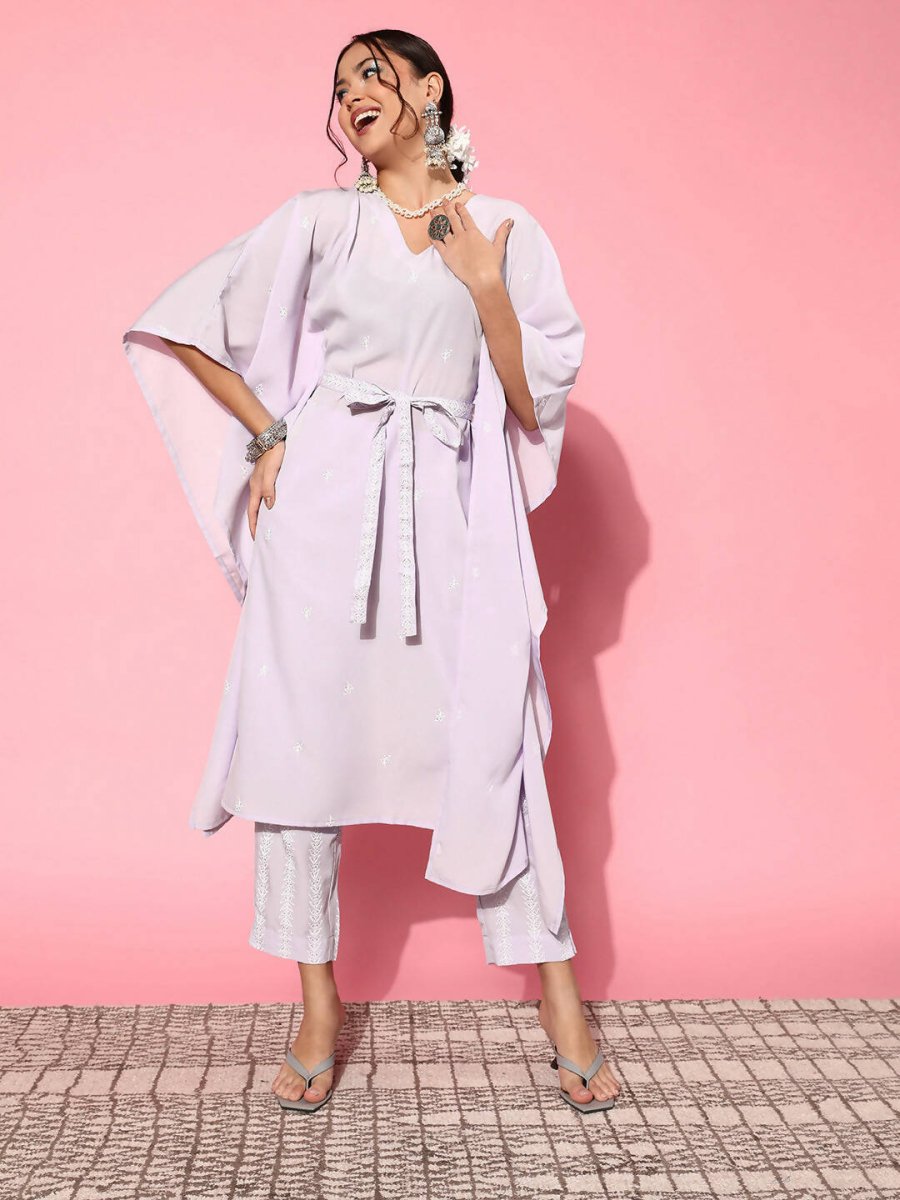 Ahalyaa Women Floral Poly Crepe Belted Detail Kurta Set | Grocsy