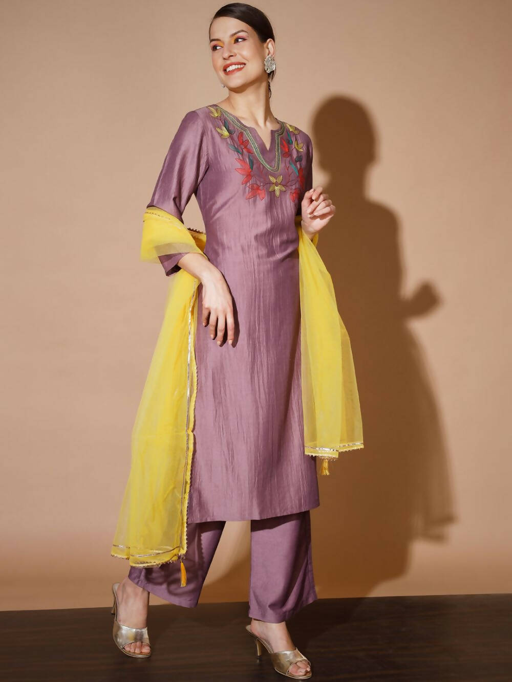 Myshka Mauve Solid Kurta & Palazzos With Dupatta | Grocsy