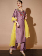 Myshka Mauve Solid Kurta & Palazzos With Dupatta | Grocsy