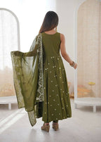 Teeya Creation Green Color Roman Silk Embroidery Work Party Wear Gown | Grocsy