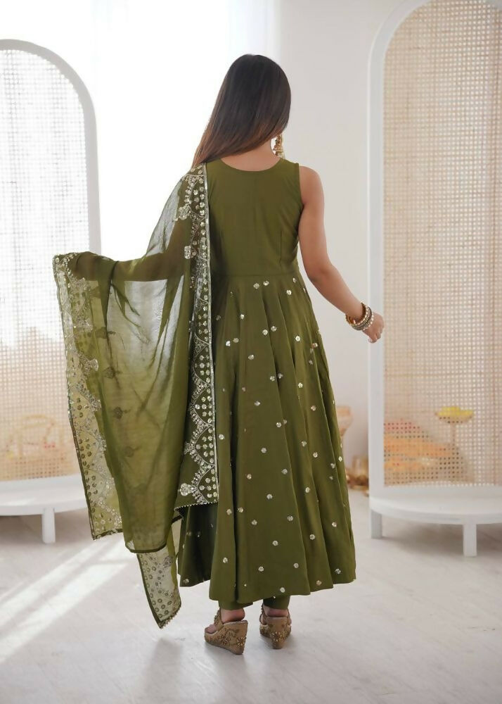 Teeya Creation Green Color Roman Silk Embroidery Work Party Wear Gown | Grocsy