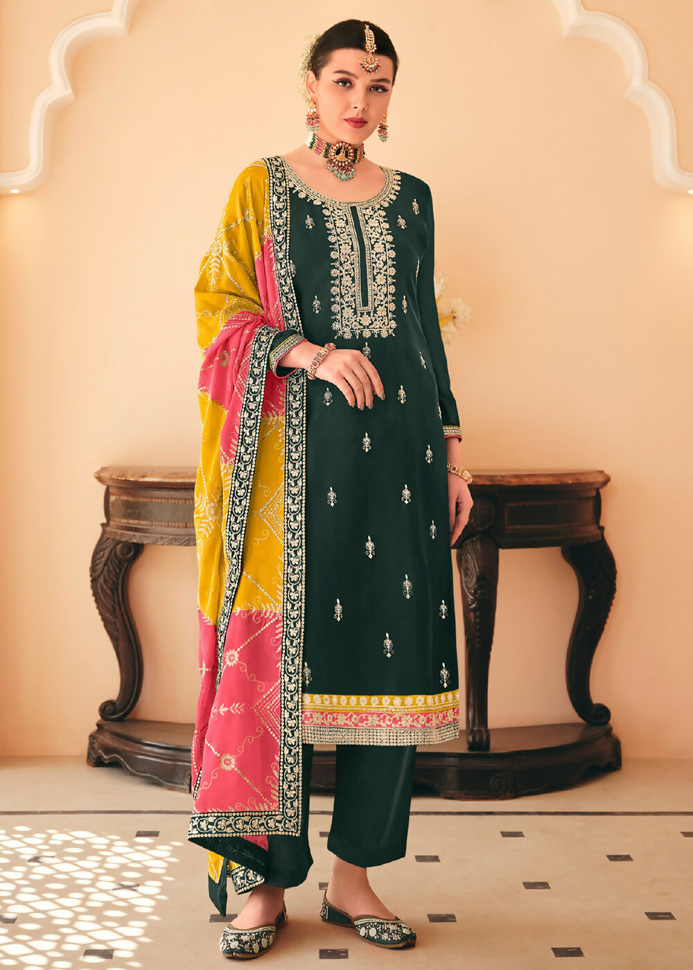 Dazzling Green Embroidered Chinnon Palazzo Salwar Kurta - Emponline | Grocsy