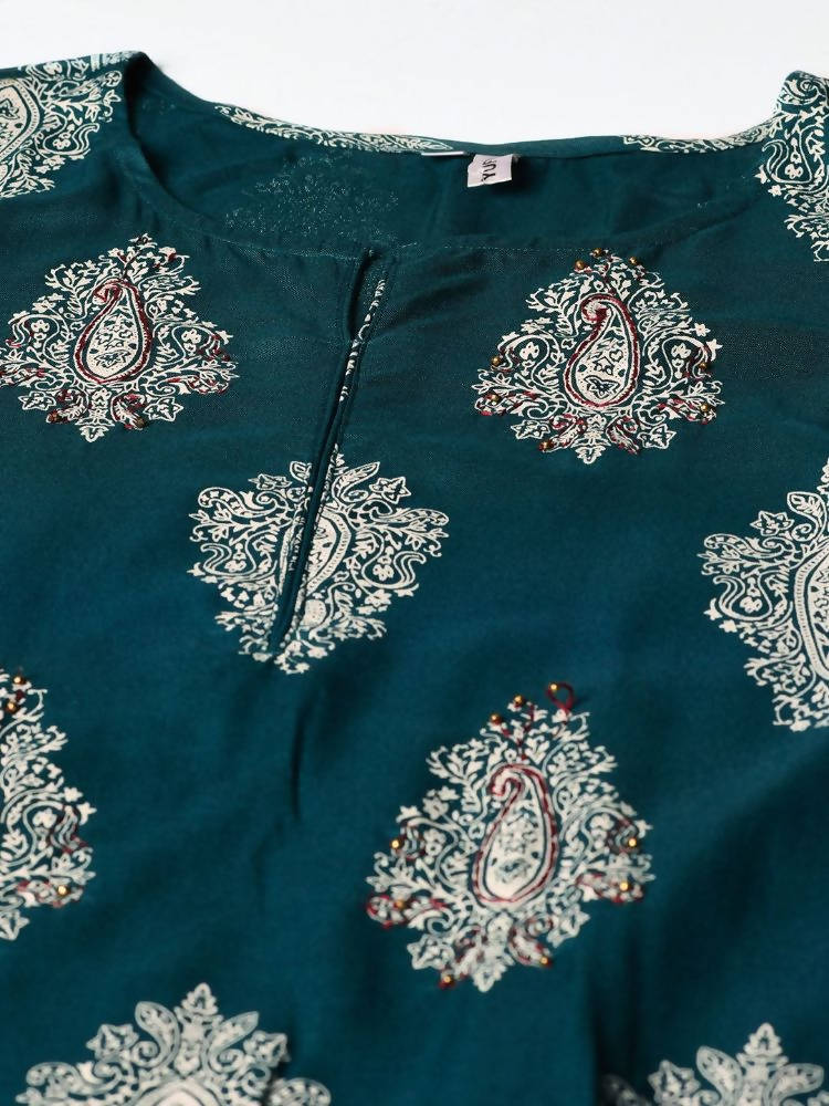 Yufta Teal Block Print Kurta with palazzo and Dupatta Set | Grocsy