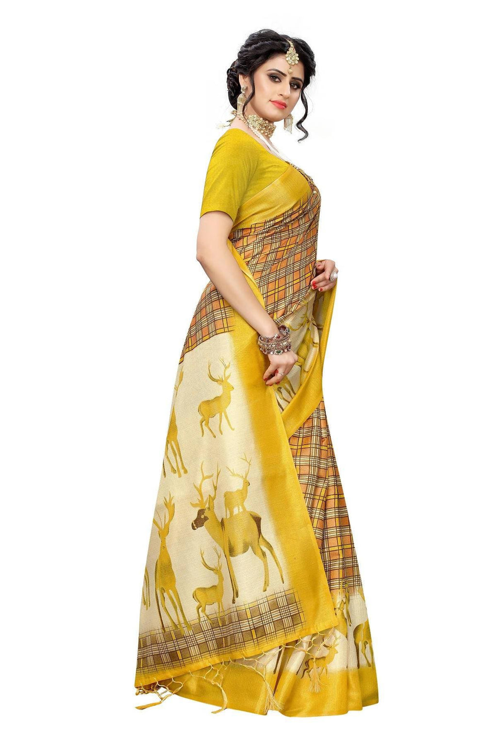 Vamika Multicolor & Yellow Kalamkari With Jhalar Khadi Silk Saree | Grocsy