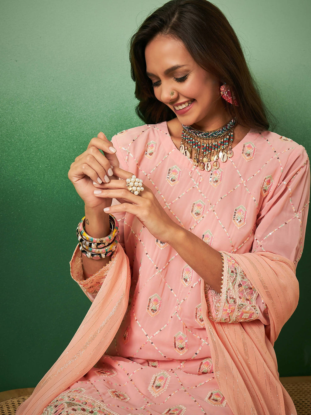 Peach Georgette Handwork Unstitched Dress Material - Hanika | Grocsy