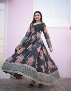 Jyoti Fashion Women's Black Digital Print with Sequence Zari Embroidered Faux Georgette Anarkali Dress | Grocsy