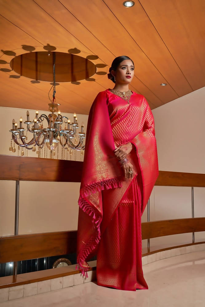 Vardha Scarlet Pink Golden Zari Kanjeevaram Silk Saree | Grocsy