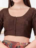 Joban Fashion Brown Dupion Silk Elbow Sleeveless Front Open Blouse | Grocsy