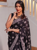 Zibaa Hand-Blocked Pure Mul Cotton Black Saree | Grocsy