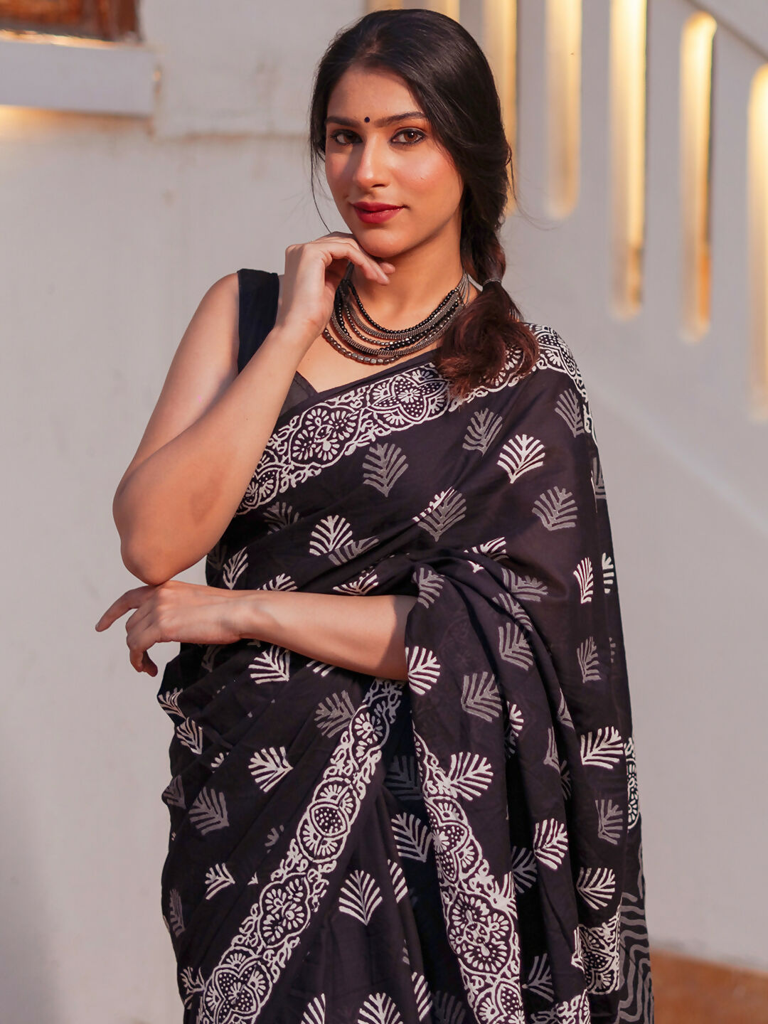 Zibaa Hand-Blocked Pure Mul Cotton Black Saree | Grocsy