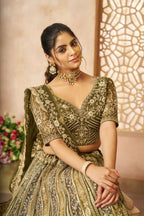 Kesar Fab Mehendi Net Hand_Woven Lehenga | Grocsy
