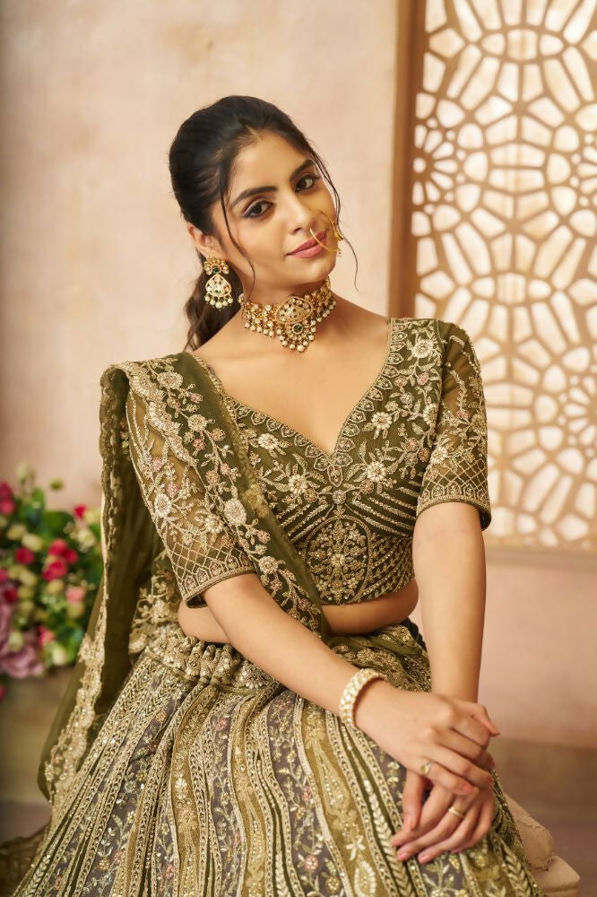 Kesar Fab Mehendi Net Hand_Woven Lehenga | Grocsy