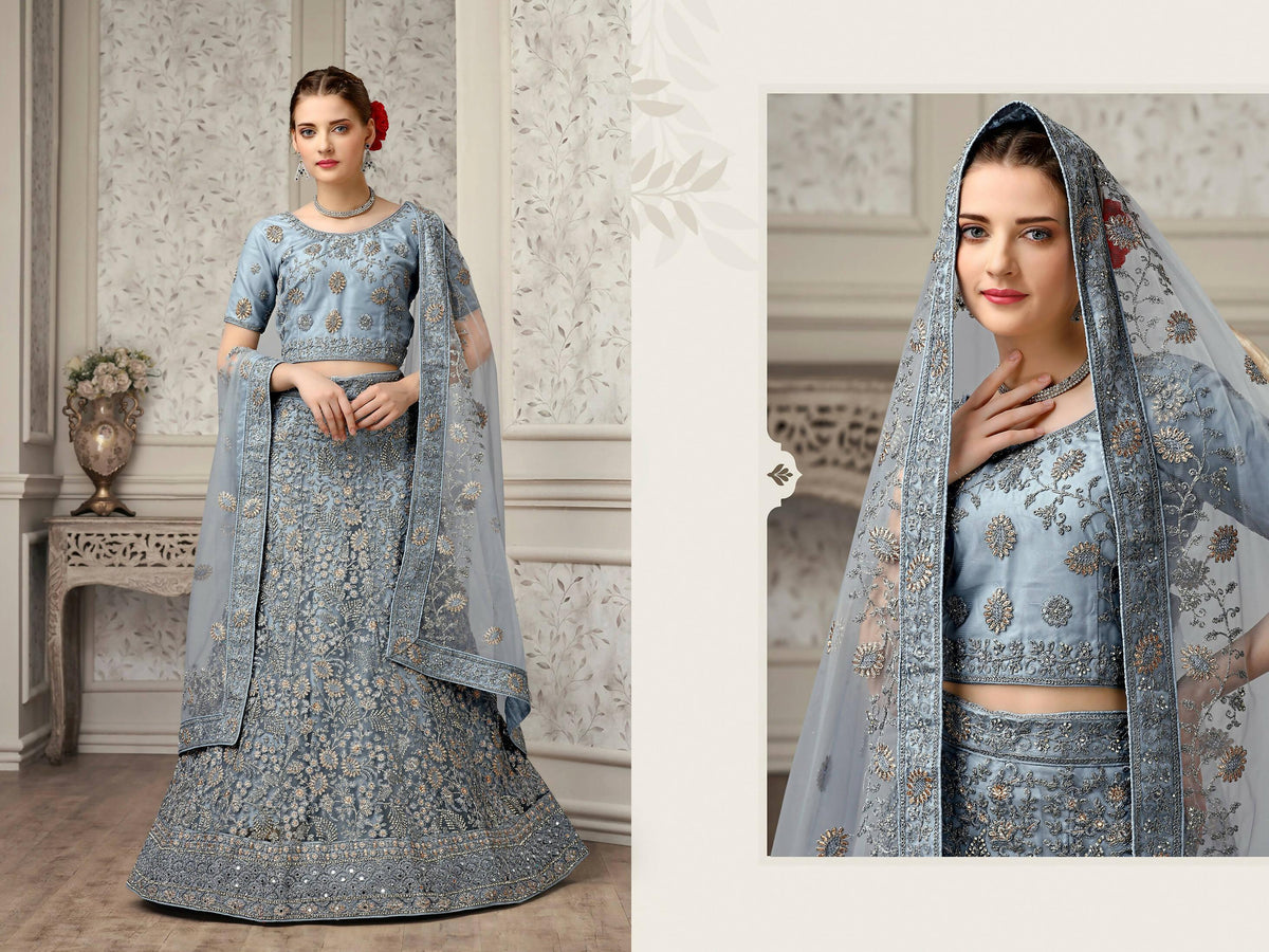 Grey Net Fancy Zari Embroidered work Lehenga Choli with Dupatta - Heer | Grocsy