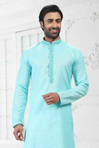 Raivat Ethnic Linen Cotton Thread Work Kurta Pajama In Sky Blue Colour | Grocsy